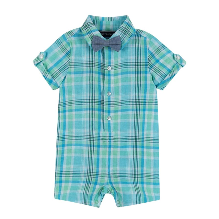 Baby Andy & Evan | Green Plaid Romper With Bowtie