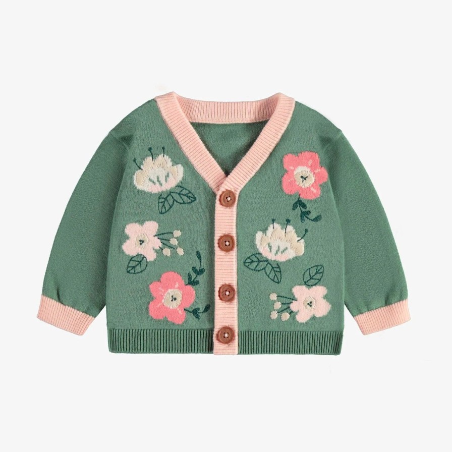 Baby Souris Mini | Green Floral Knit Cardigan